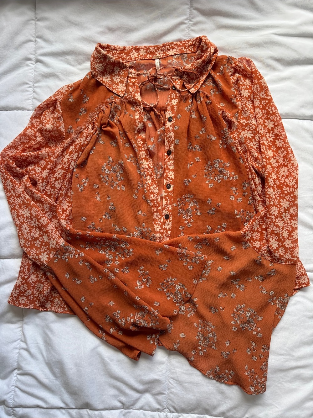 Free People Size Small Floral Tie-Neck Blouse - Rust Orange